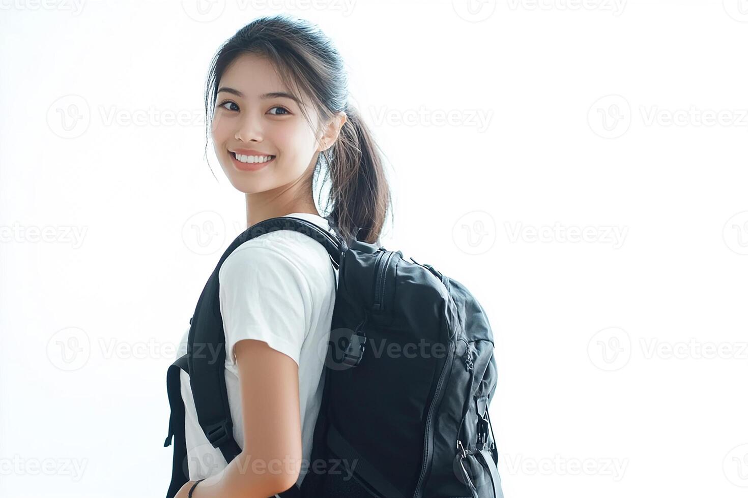 A young woman with a backpack smiling photo