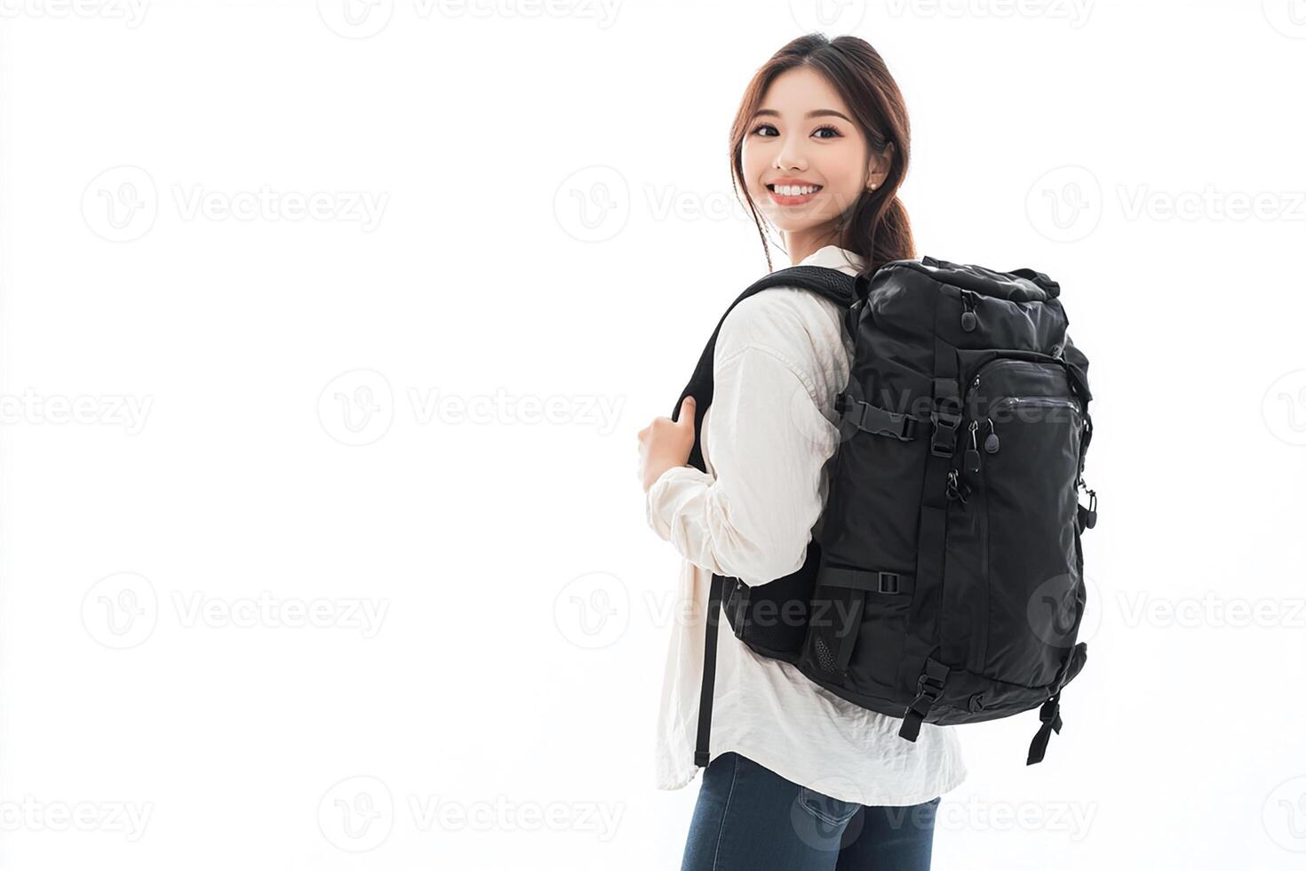 A woman with a backpack standing in front of a white background photo