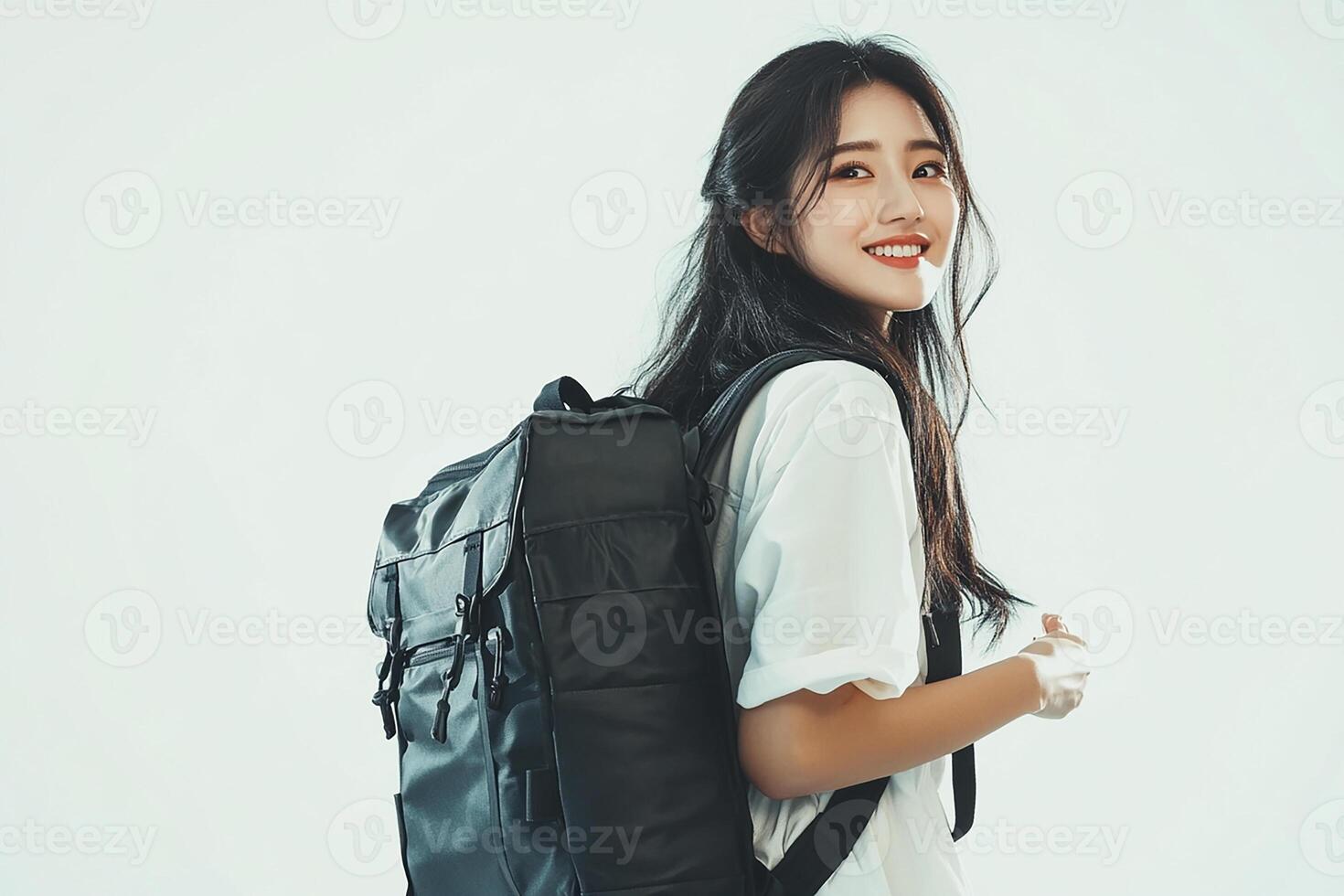 A woman with a backpack and white gloves photo