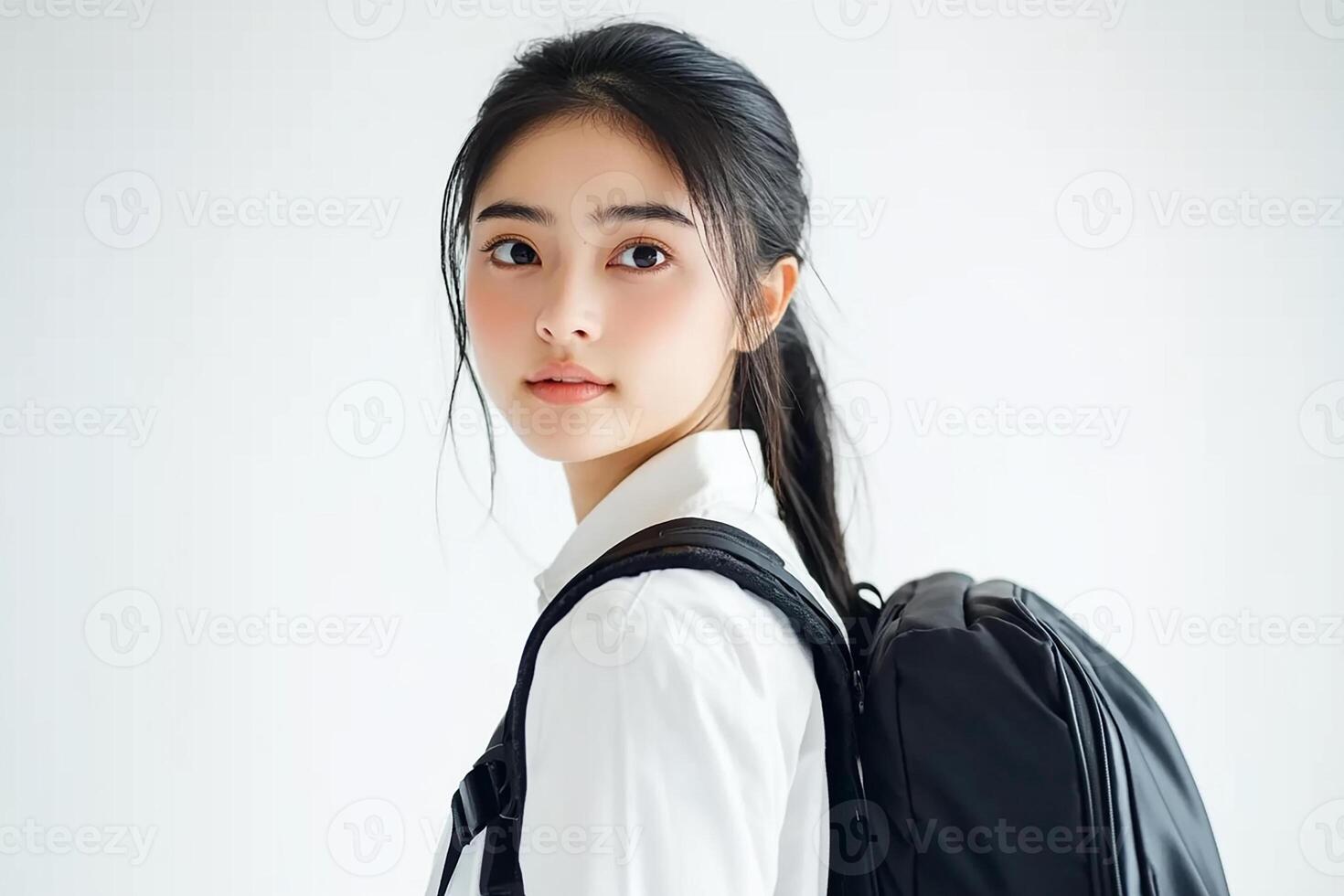 A young woman with a backpack photo