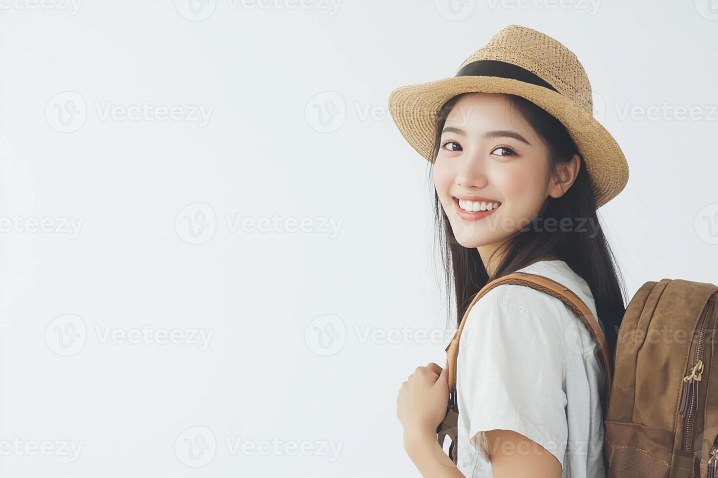 A woman with a hat and backpack photo