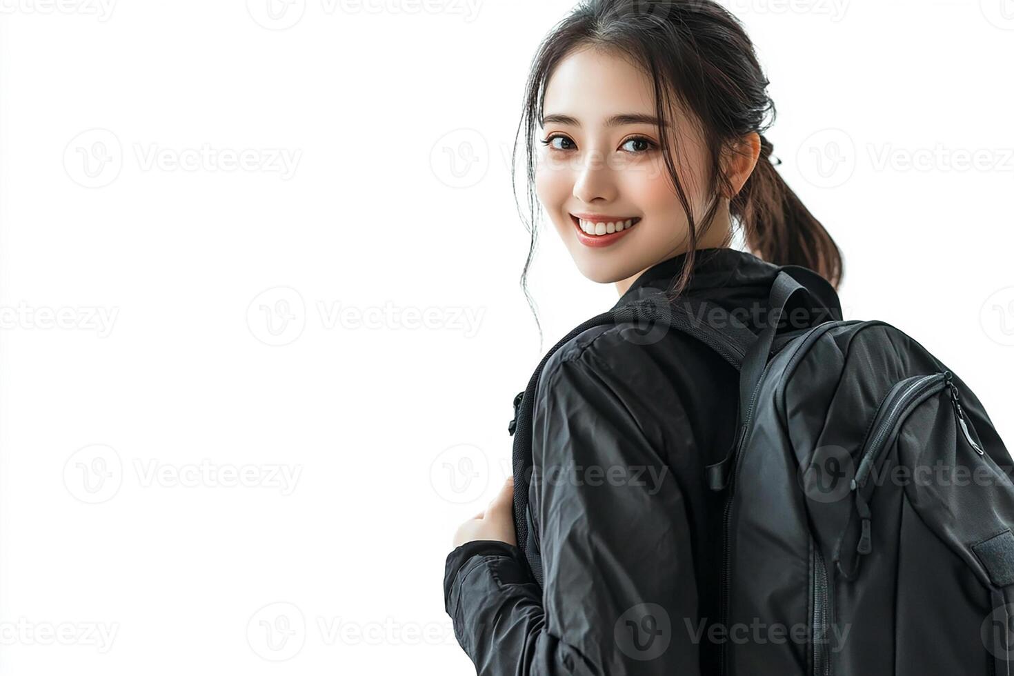 A woman with a backpack and a smile photo