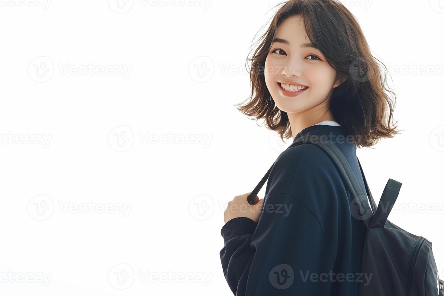 A woman with a backpack is smiling photo