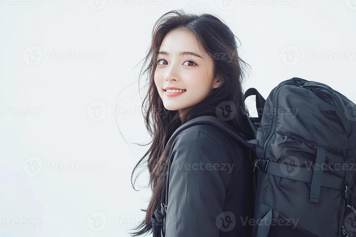 A woman with a backpack smiles while posing for a photo