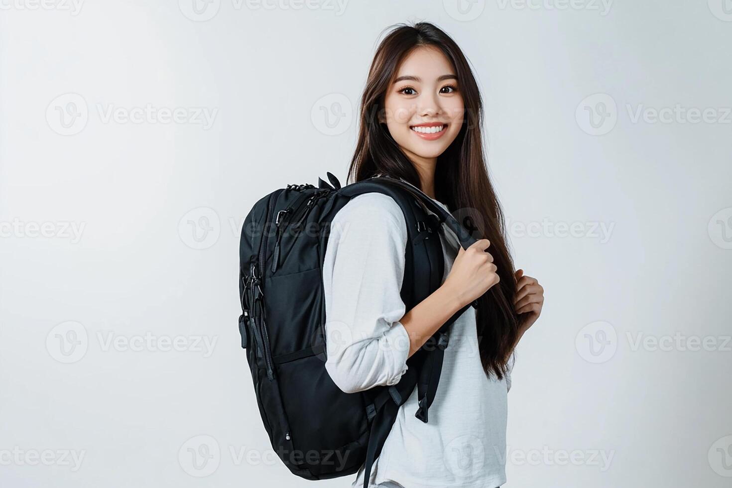 Portrait of asian woman with backpack on white background photo