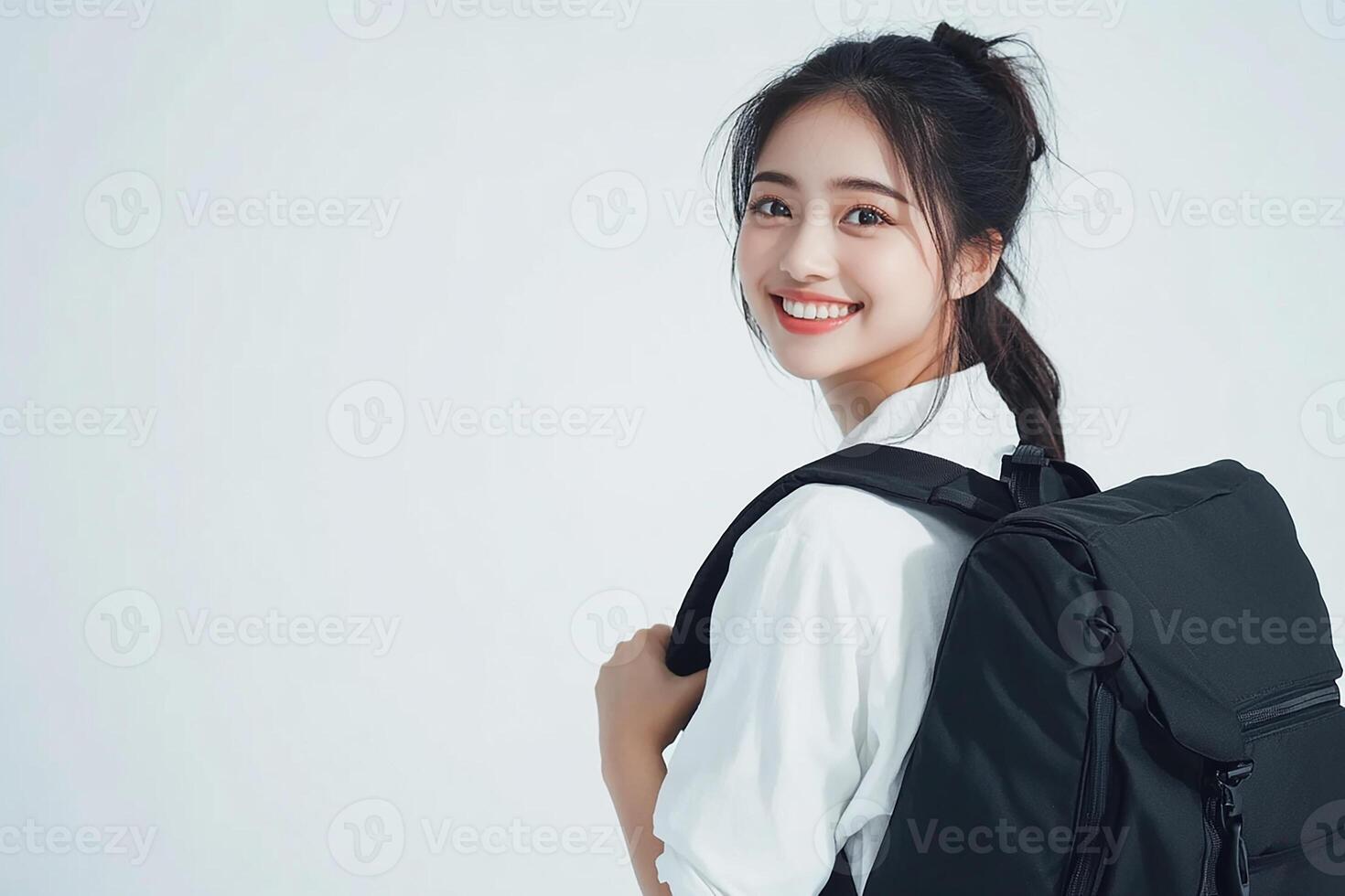 A woman with a backpack smiling photo