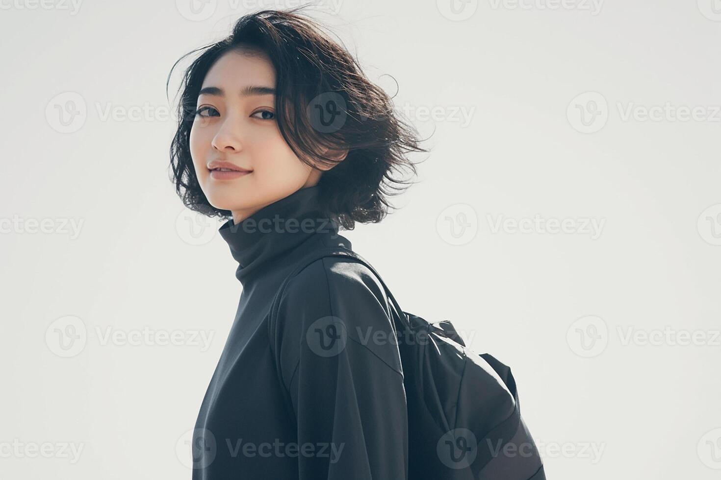 A woman with a black turtleneck and backpack photo