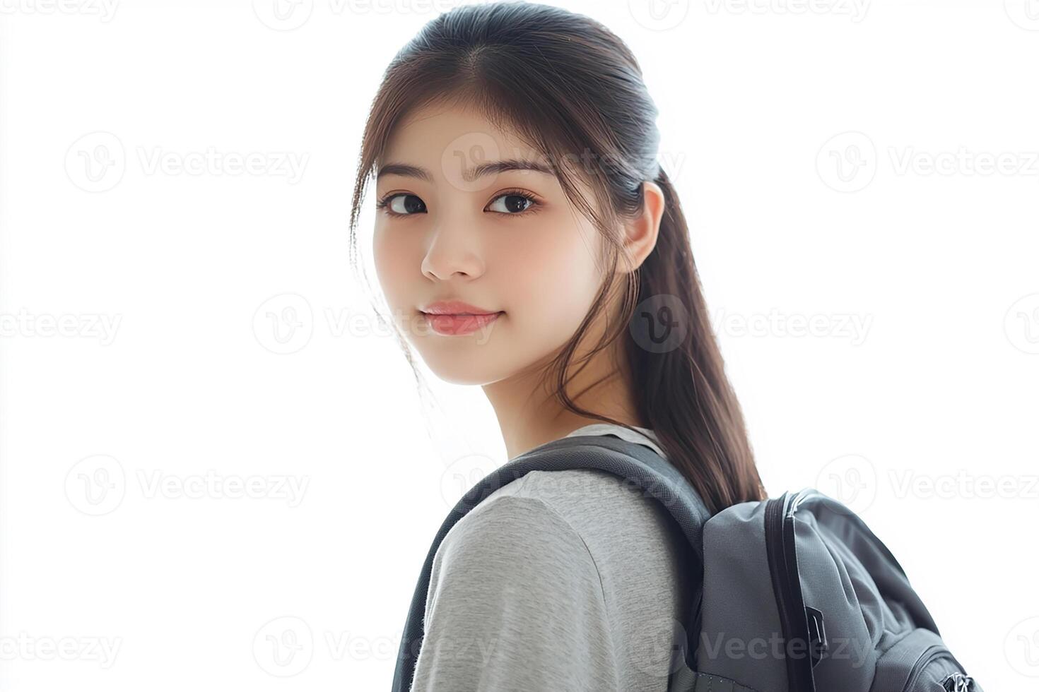 Asian girl with backpack on white background photo