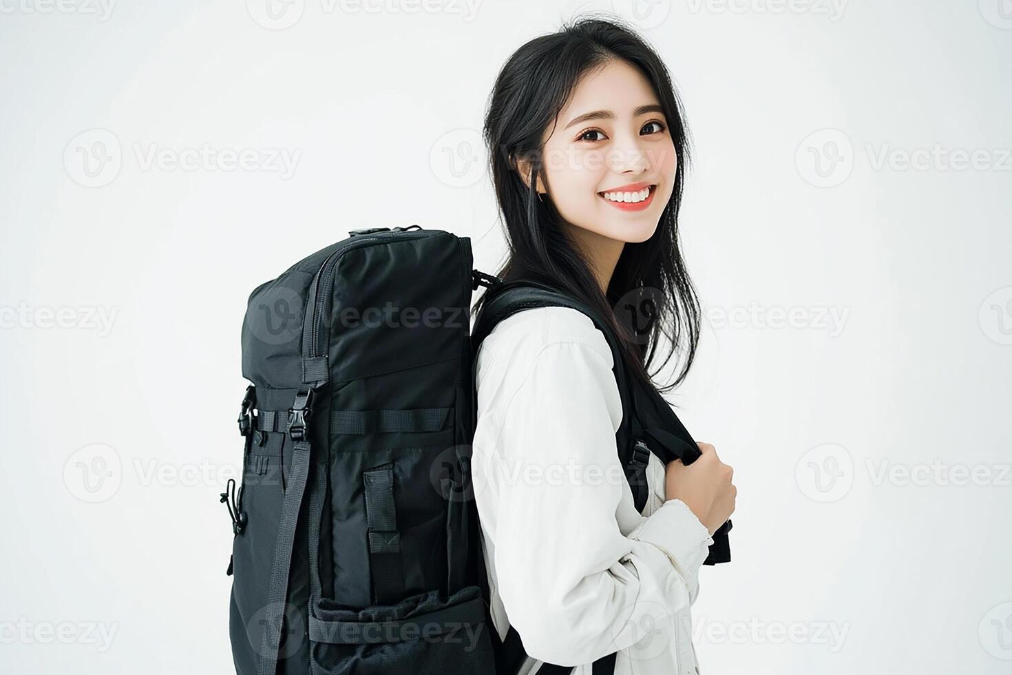 Asian woman with backpack on white background photo