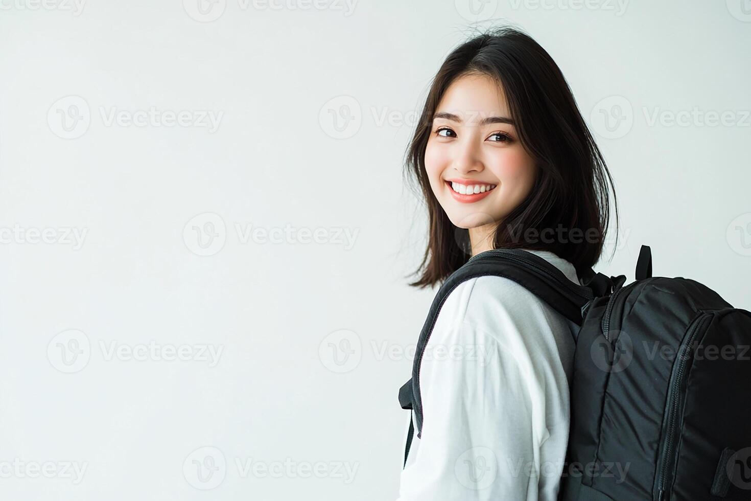 Asian woman with backpack smiling photo