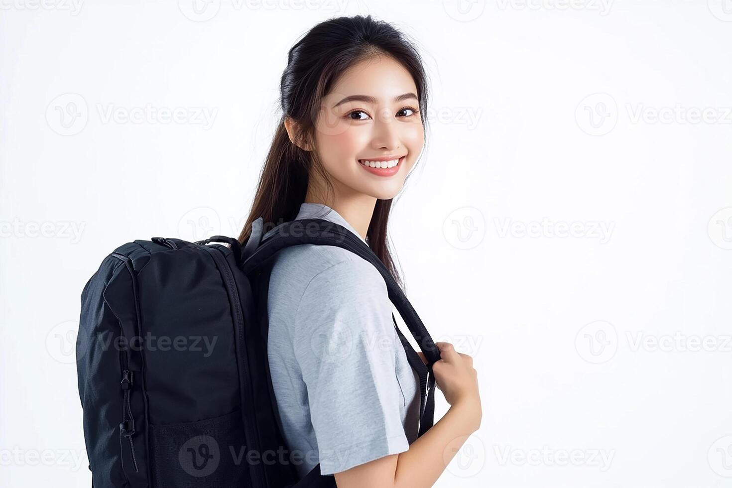 Asian woman with backpack on white background photo