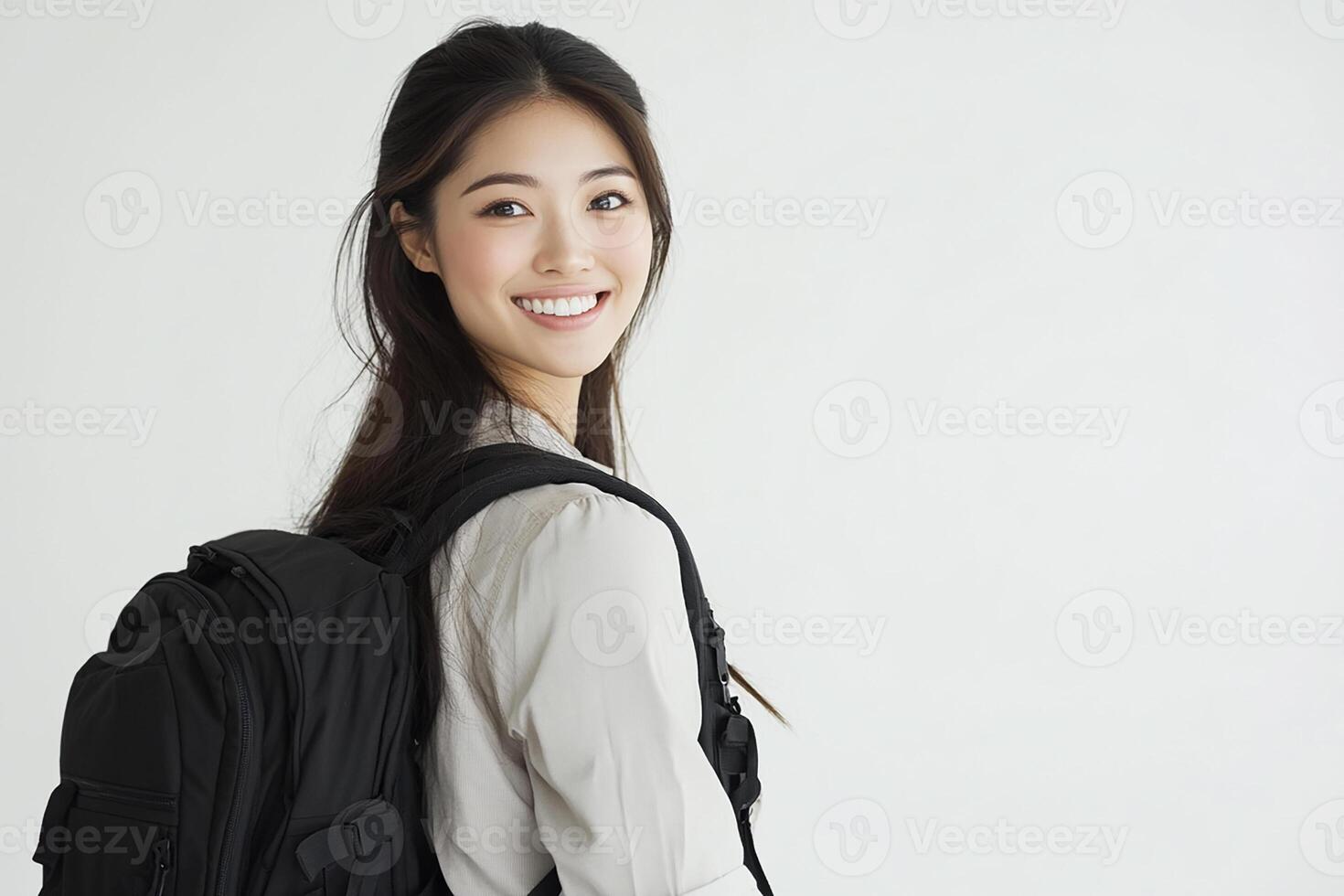 Asian woman with backpack smiling photo