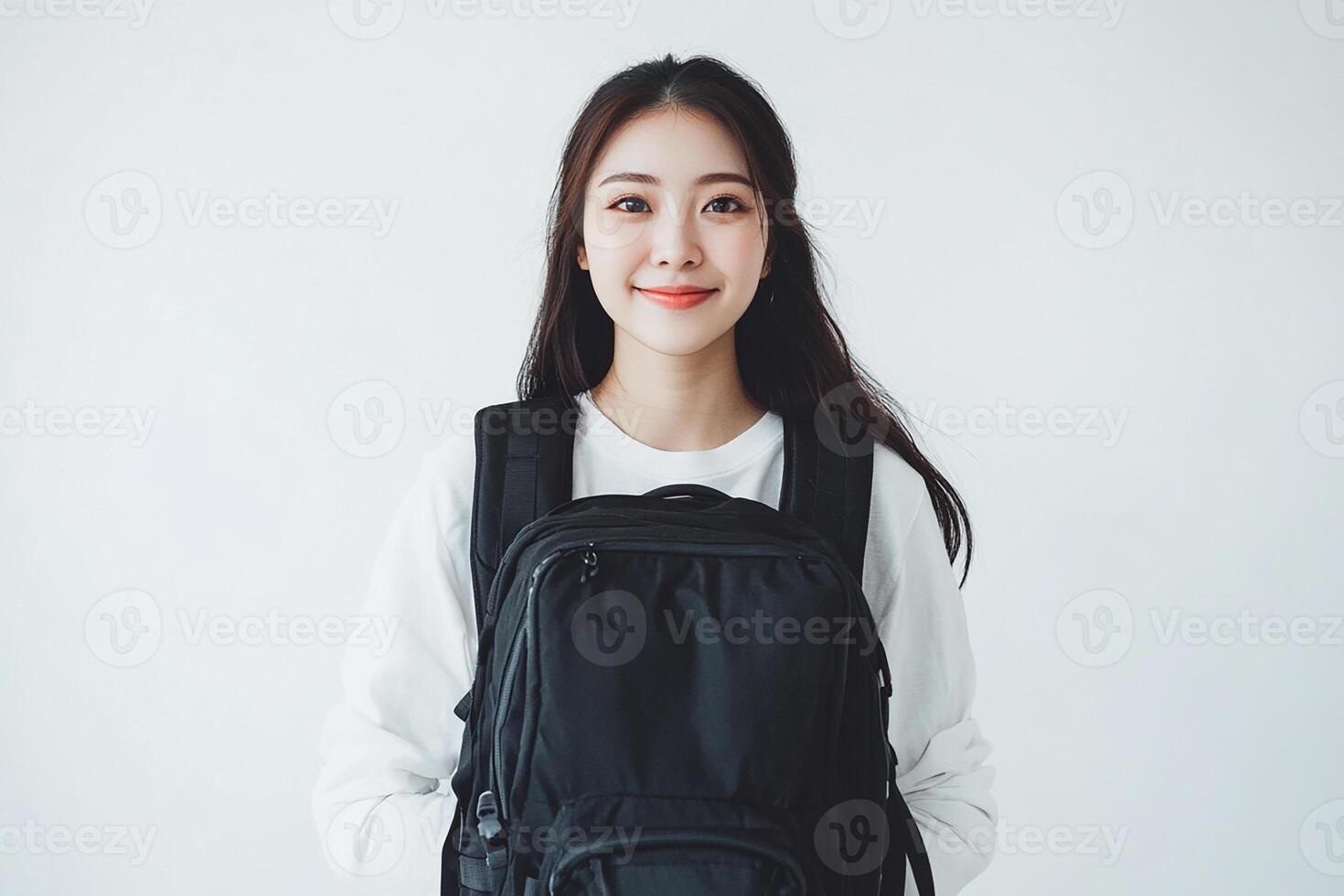 Asian woman with backpack on white background photo