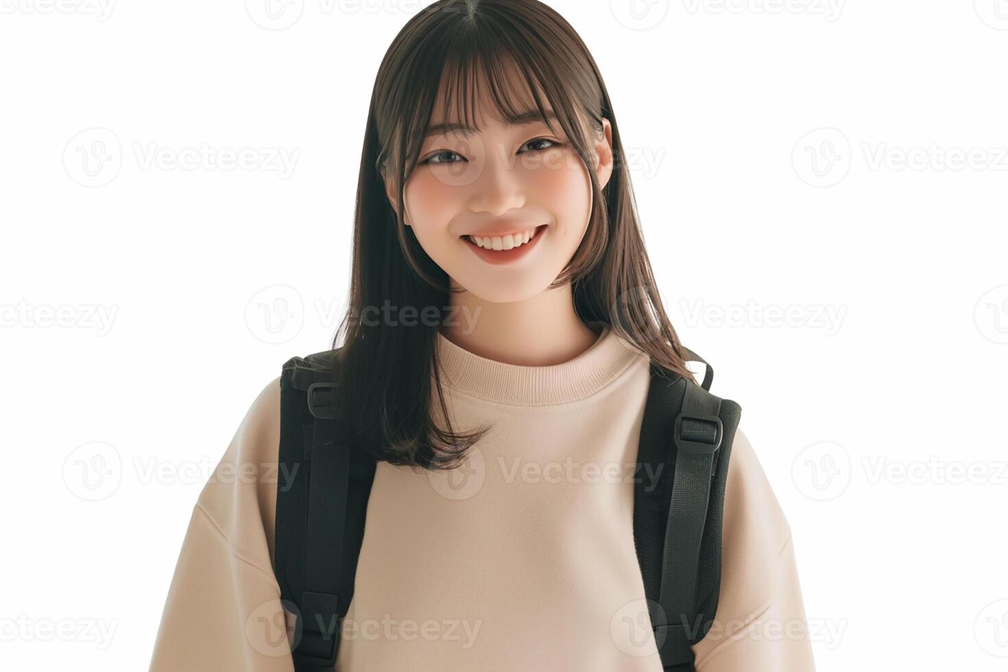A woman with a backpack is smiling photo