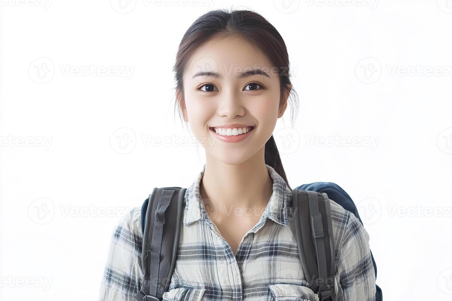 A young woman with a backpack smiling photo