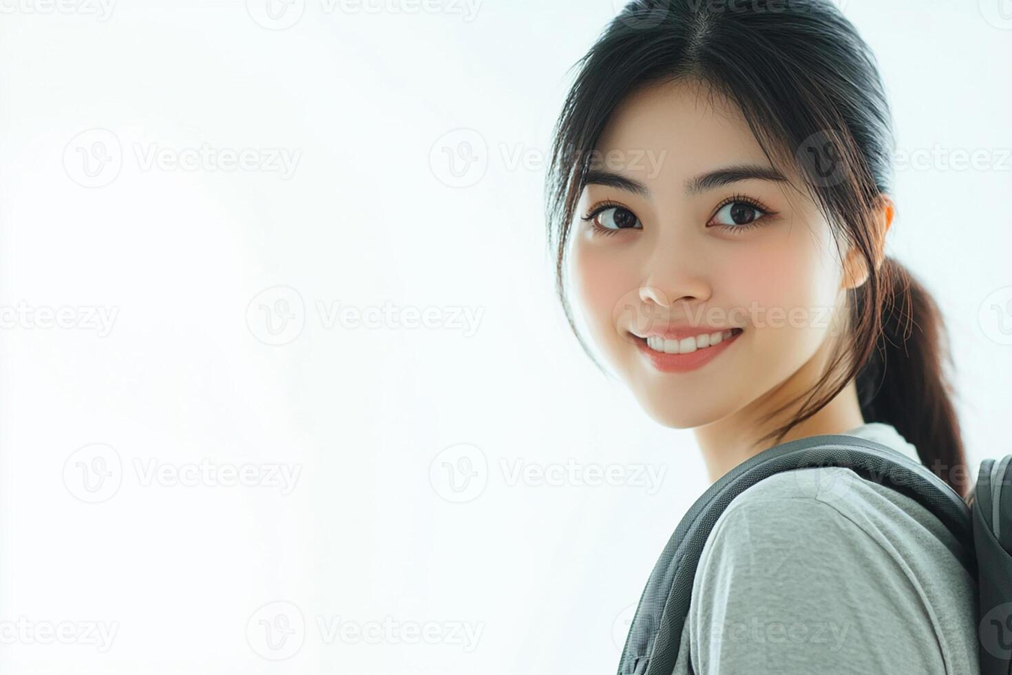 Asian woman with backpack smiling photo