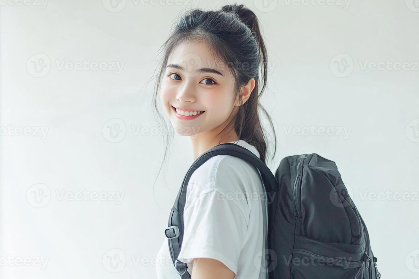 Asian woman with backpack smiling photo