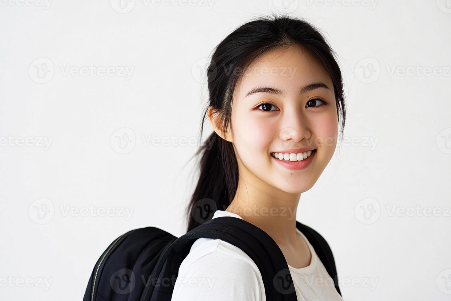 Asian girl with backpack smiling photo