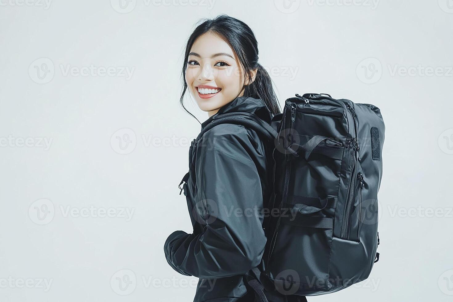 A woman with a black backpack smiling photo