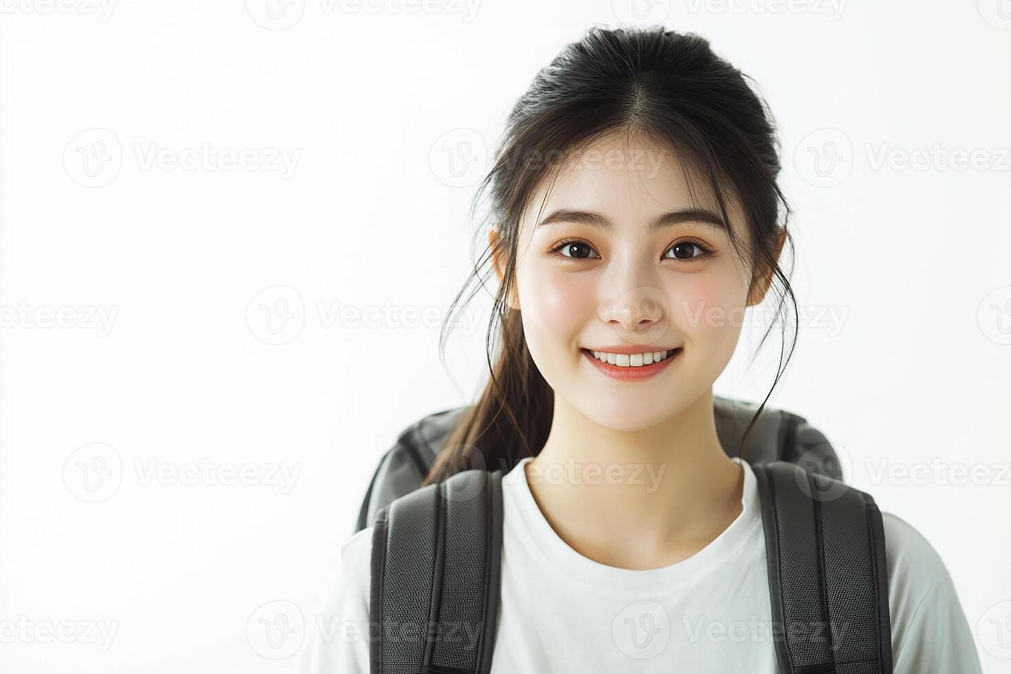 A young woman with a backpack smiling photo