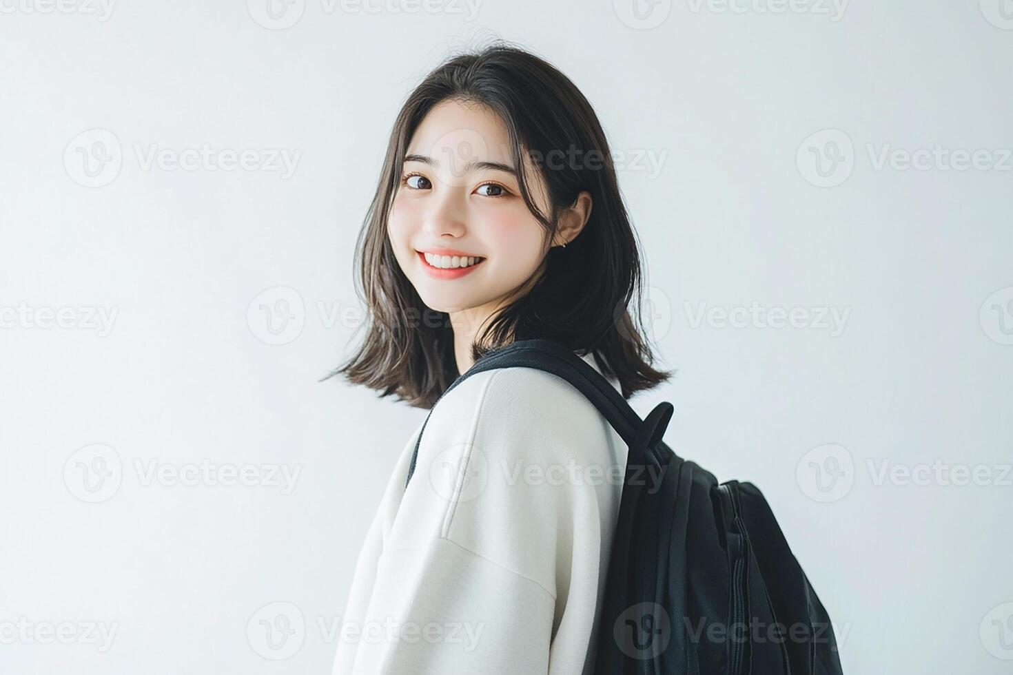 Asian woman with backpack smiling photo