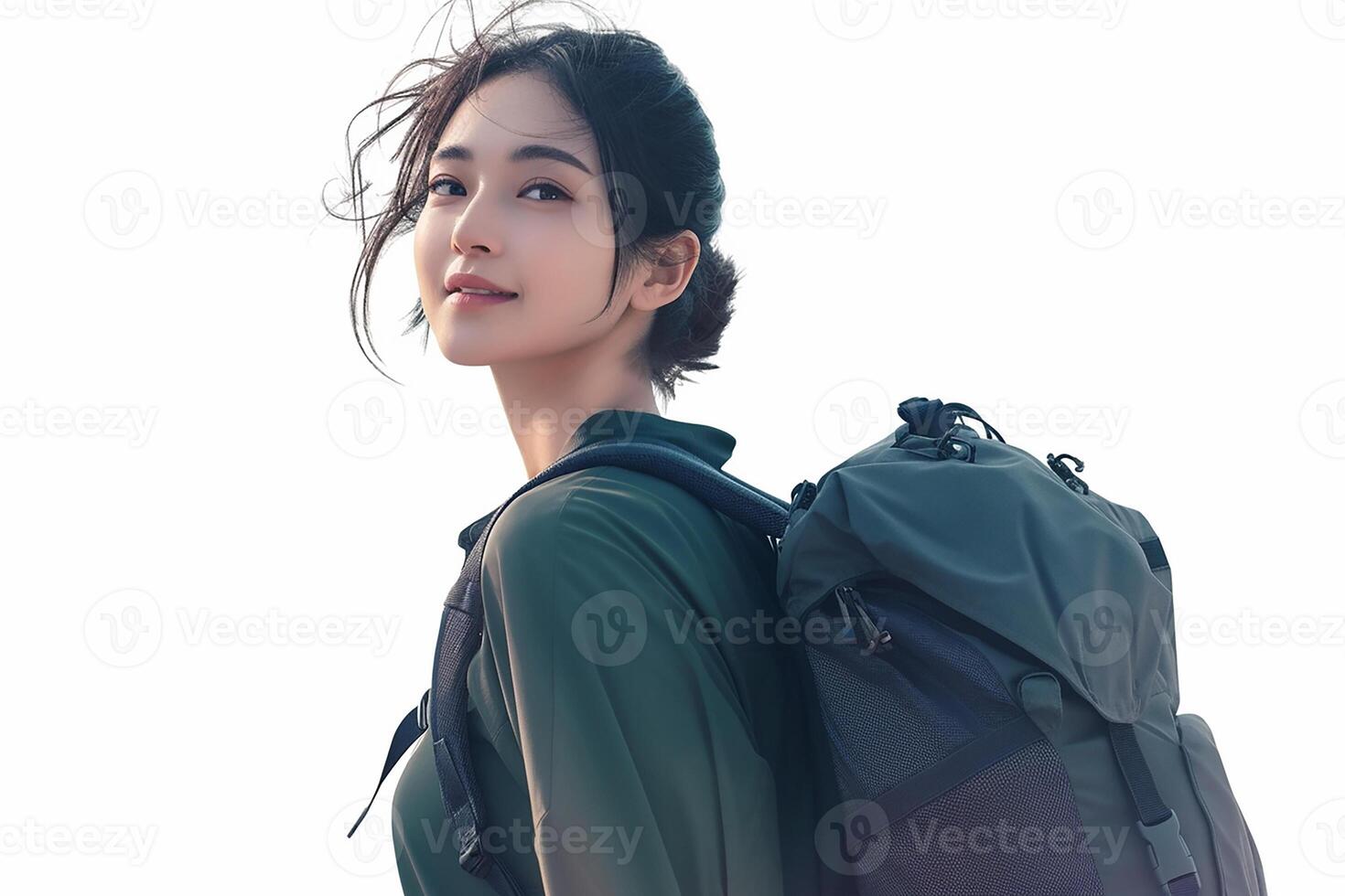 A woman with a backpack standing on a white background photo