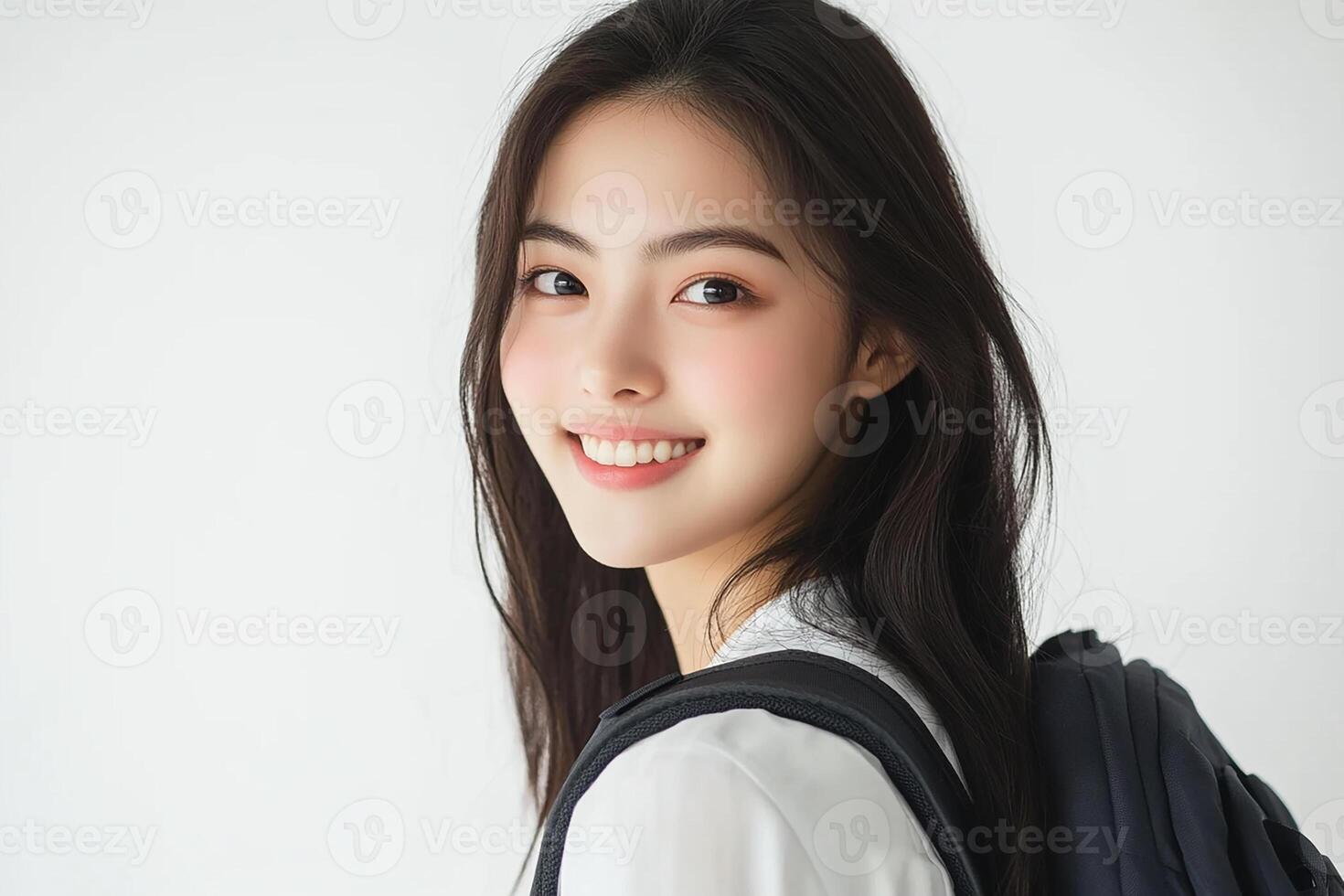 Asian woman with backpack smiling photo