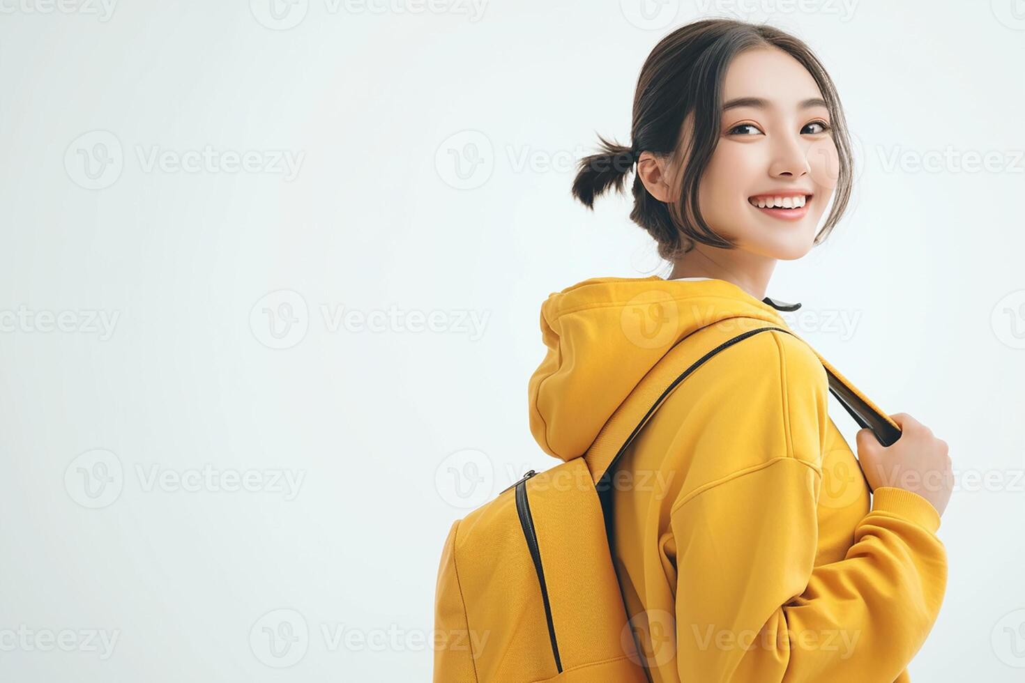 A young woman in a yellow hoodie and backpack photo