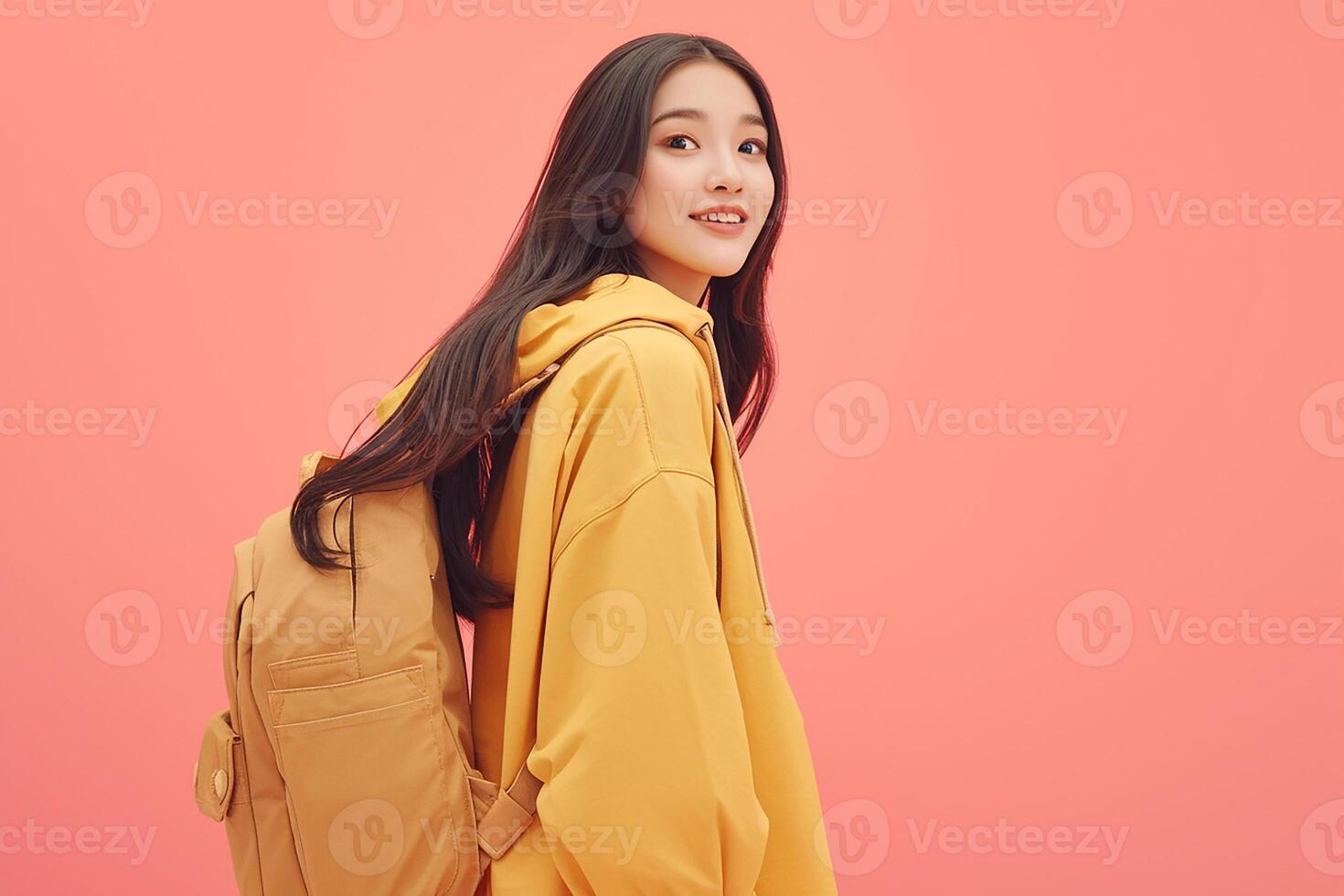 A woman in yellow jacket and backpack photo
