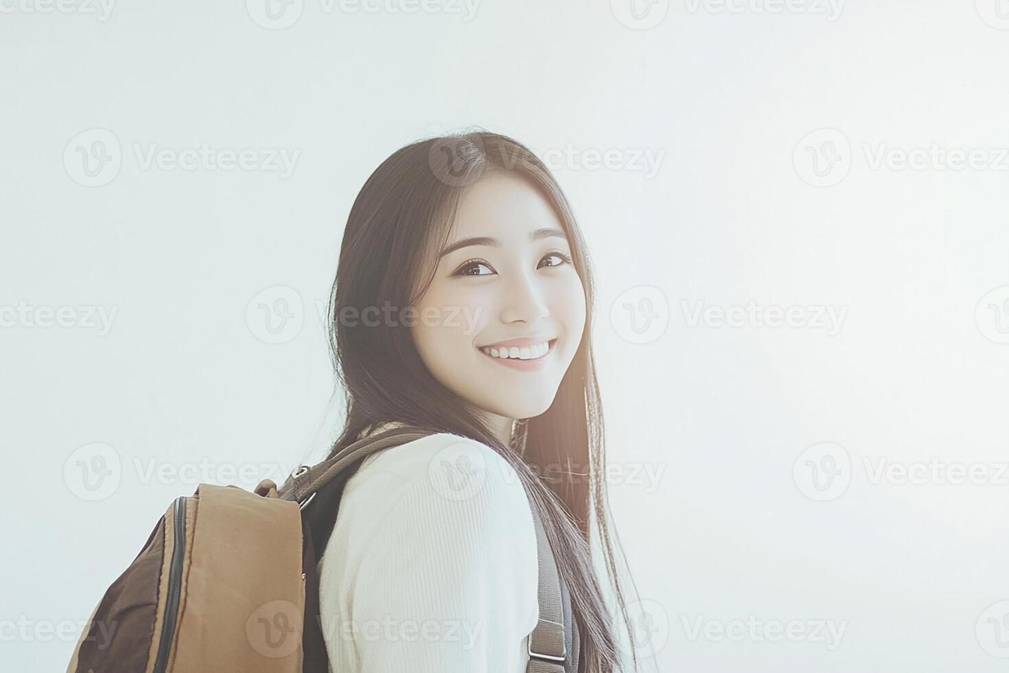 A woman with a backpack smiling photo