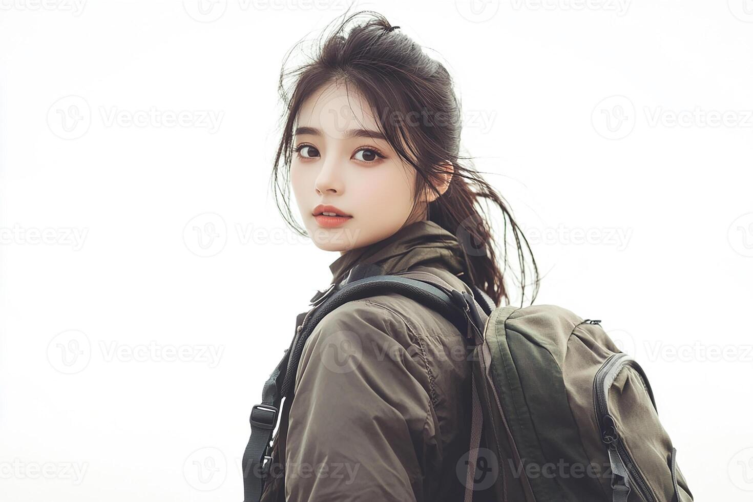 A young woman with a backpack standing in front of a white background photo
