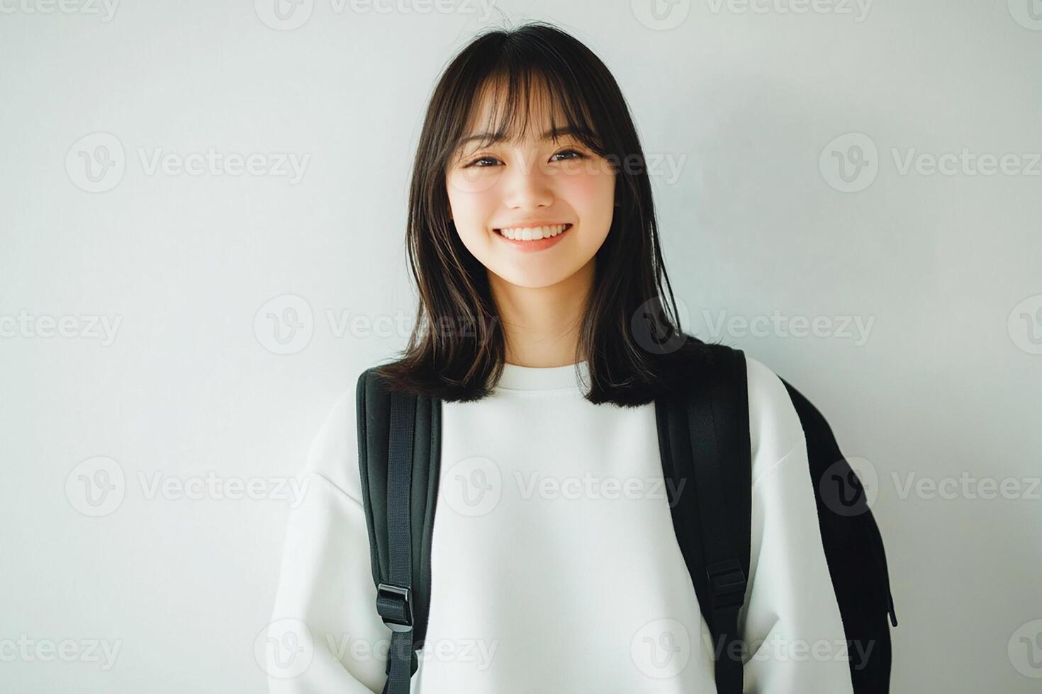 Asian young woman with backpack smiling photo