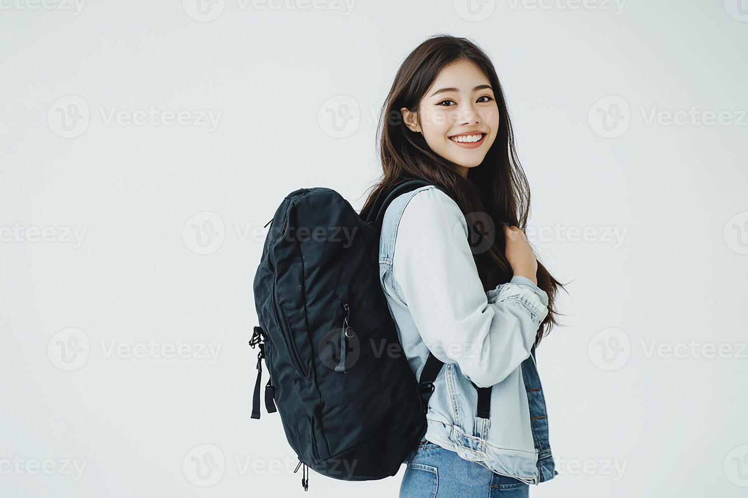 Portrait of a young asian woman with backpack isolated on white background photo