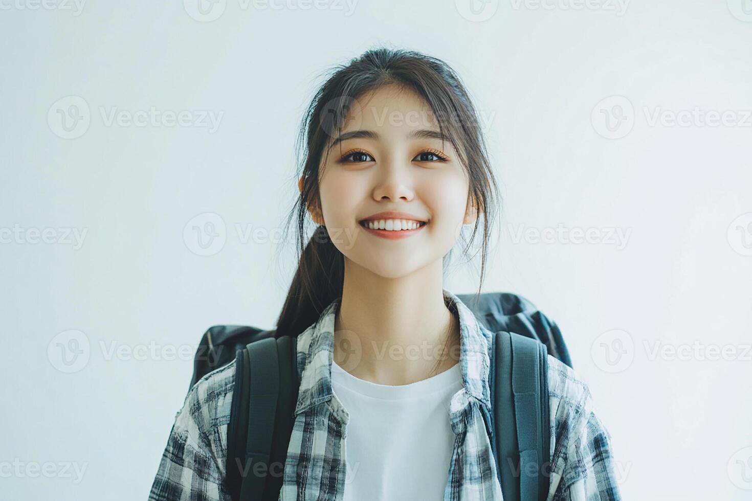 A young woman with a backpack smiling photo