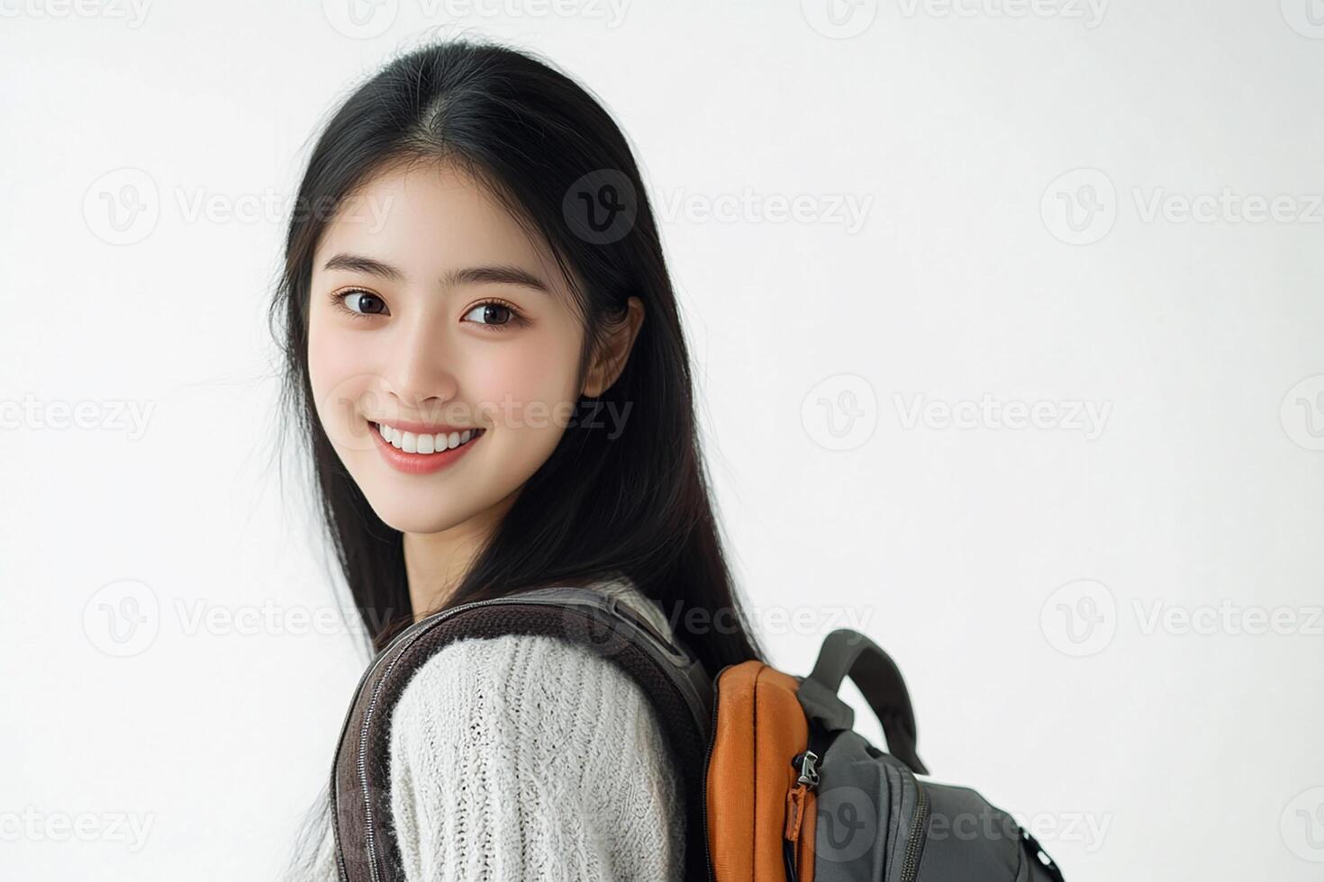 Asian woman with backpack smiling photo
