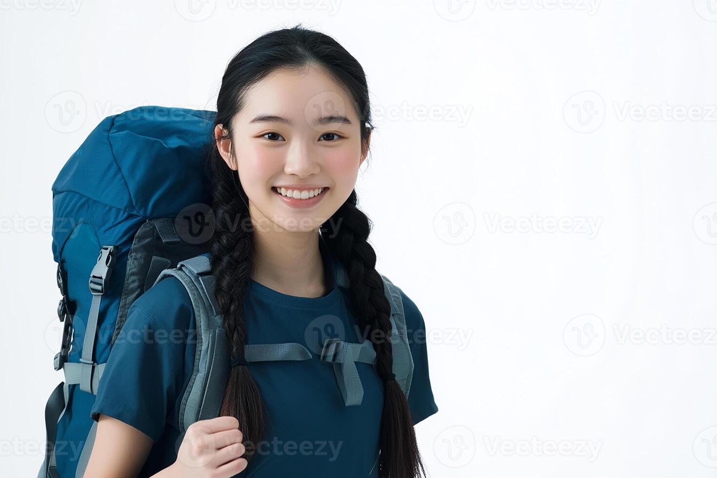 Asian woman with backpack on white background photo