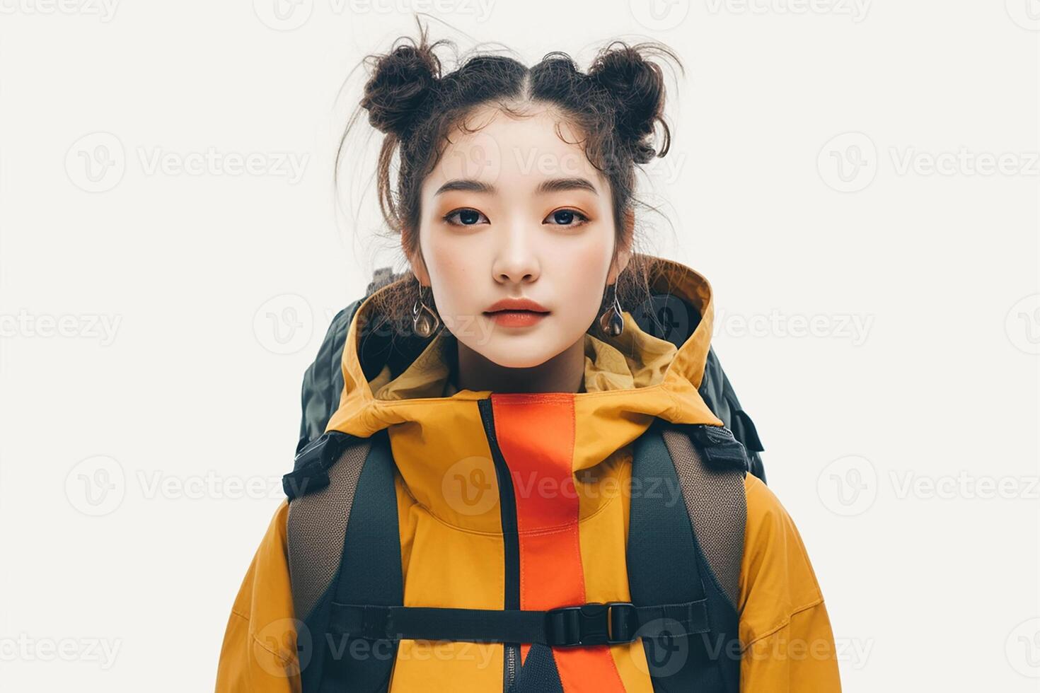 A woman wearing a yellow jacket and orange backpack photo