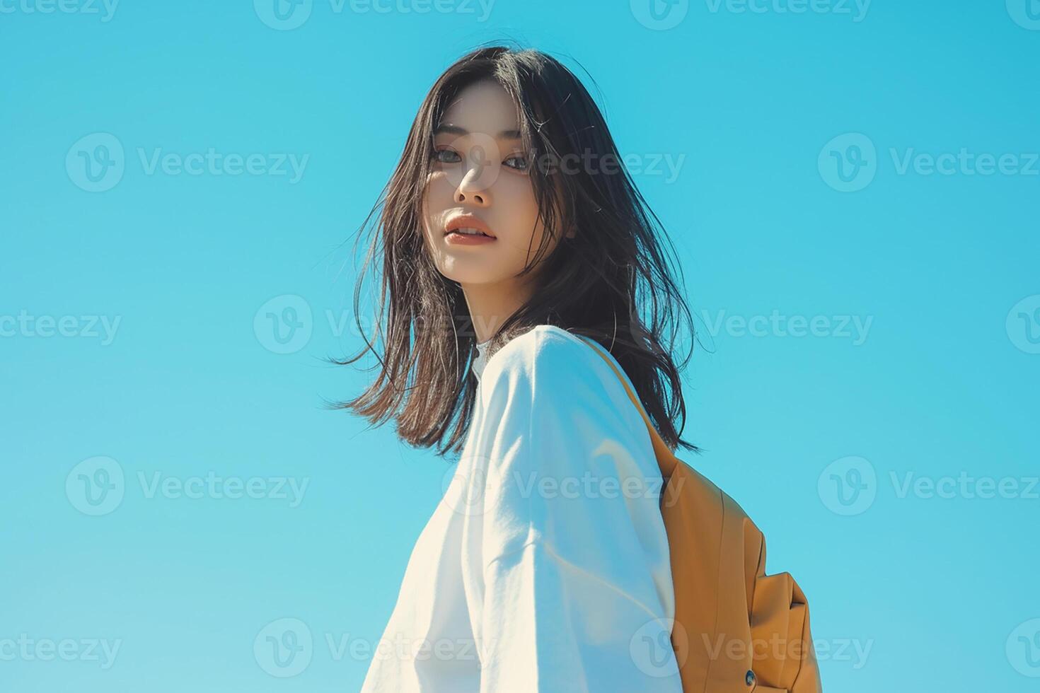 A woman with a backpack standing in front of a blue sky photo