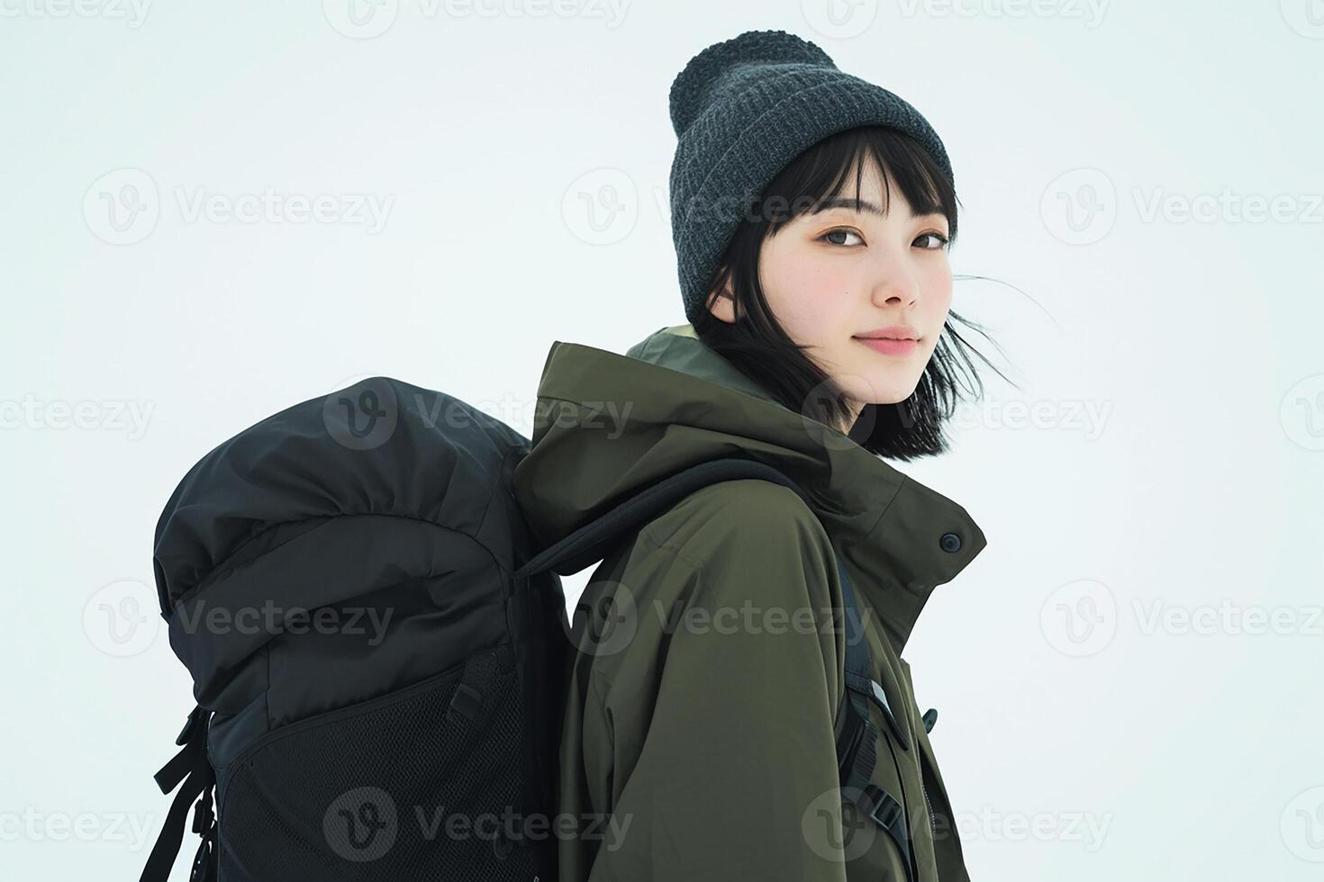 A woman wearing a black jacket and hat with a backpack photo