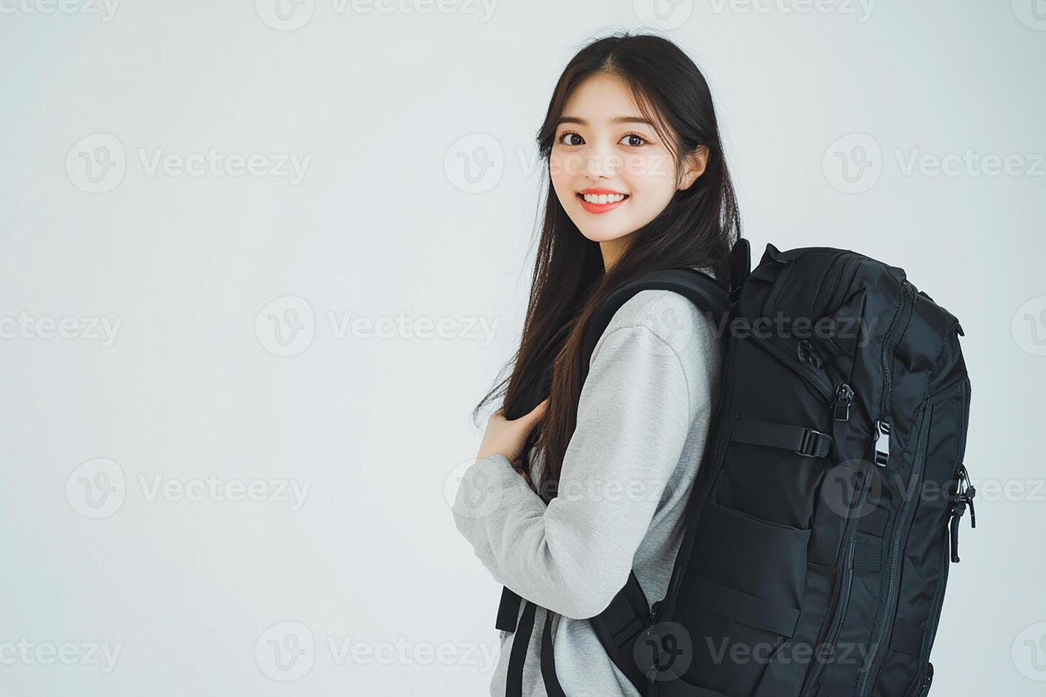 Asian woman with backpack on white background photo