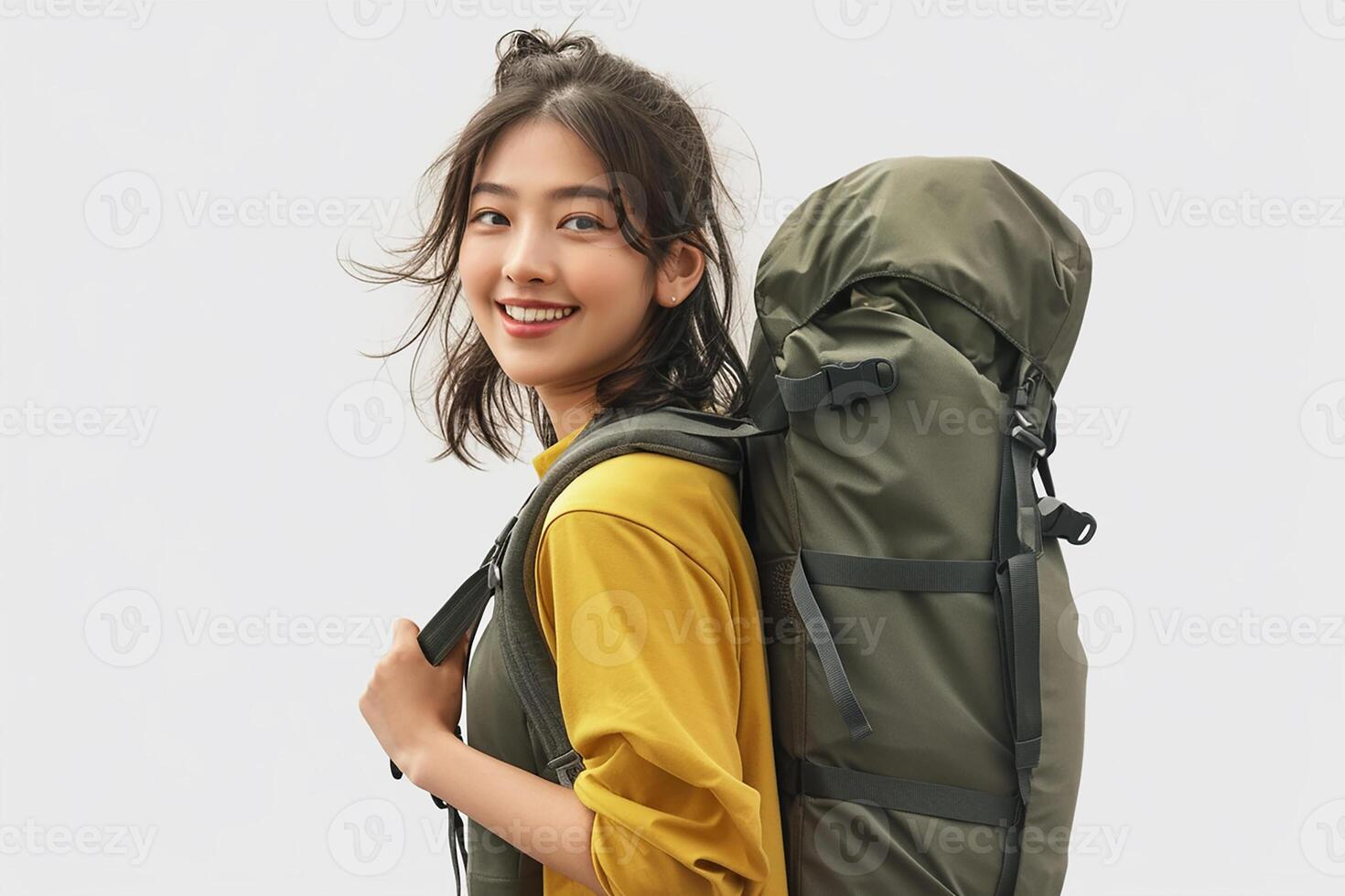 A woman is smiling while holding a large backpack photo