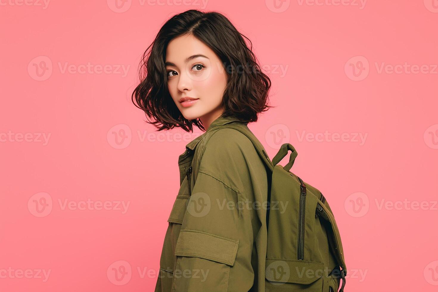 A woman with a backpack on a pink background photo