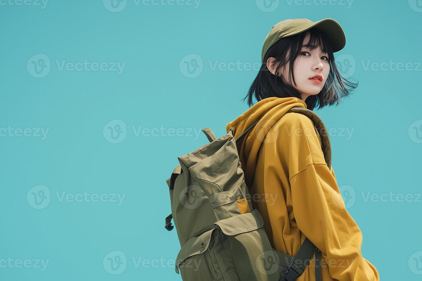 Asian woman with backpack on blue background photo