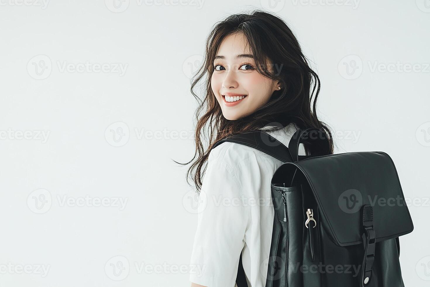 A woman with a black backpack smiling photo