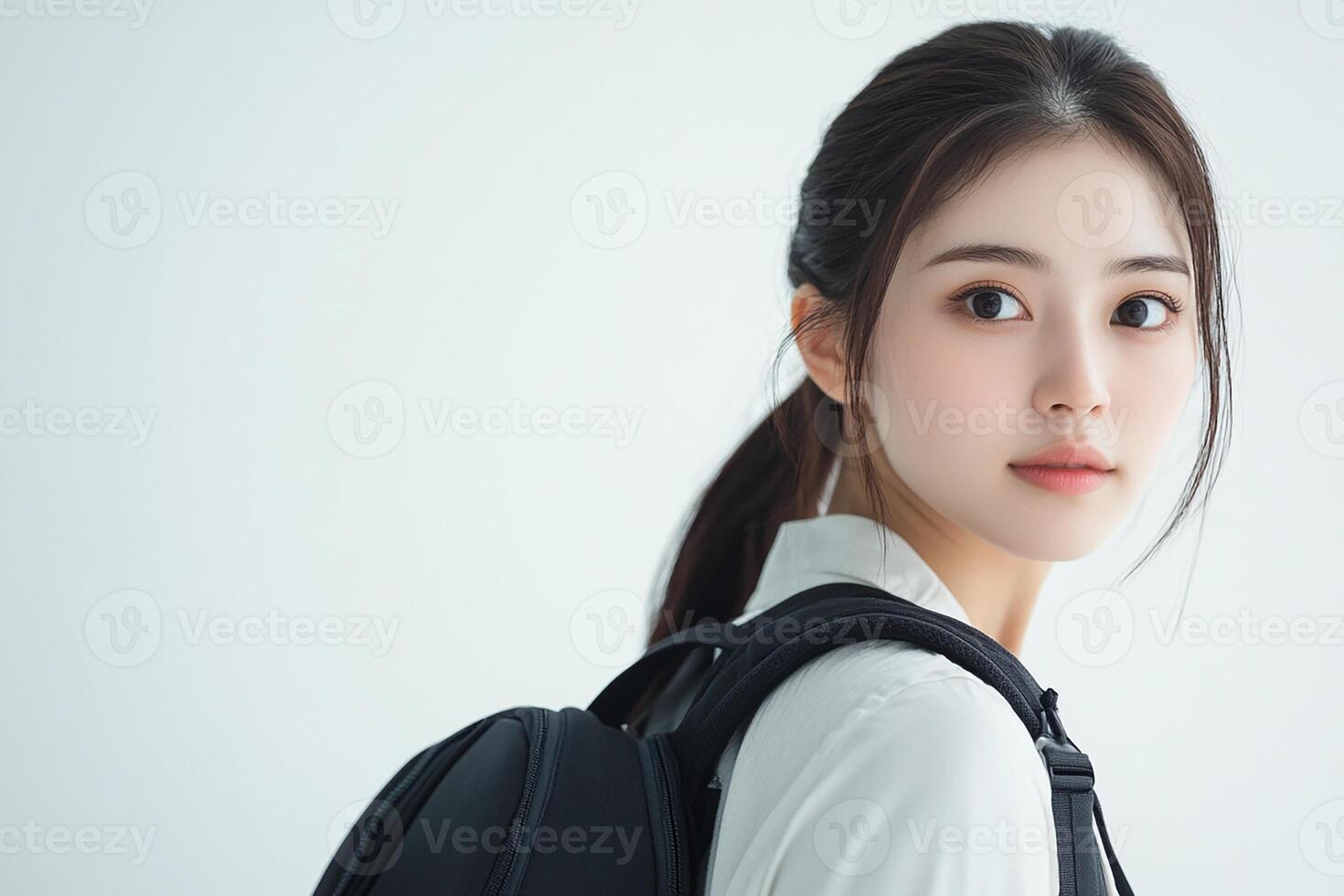 Asian woman with backpack looking at camera photo