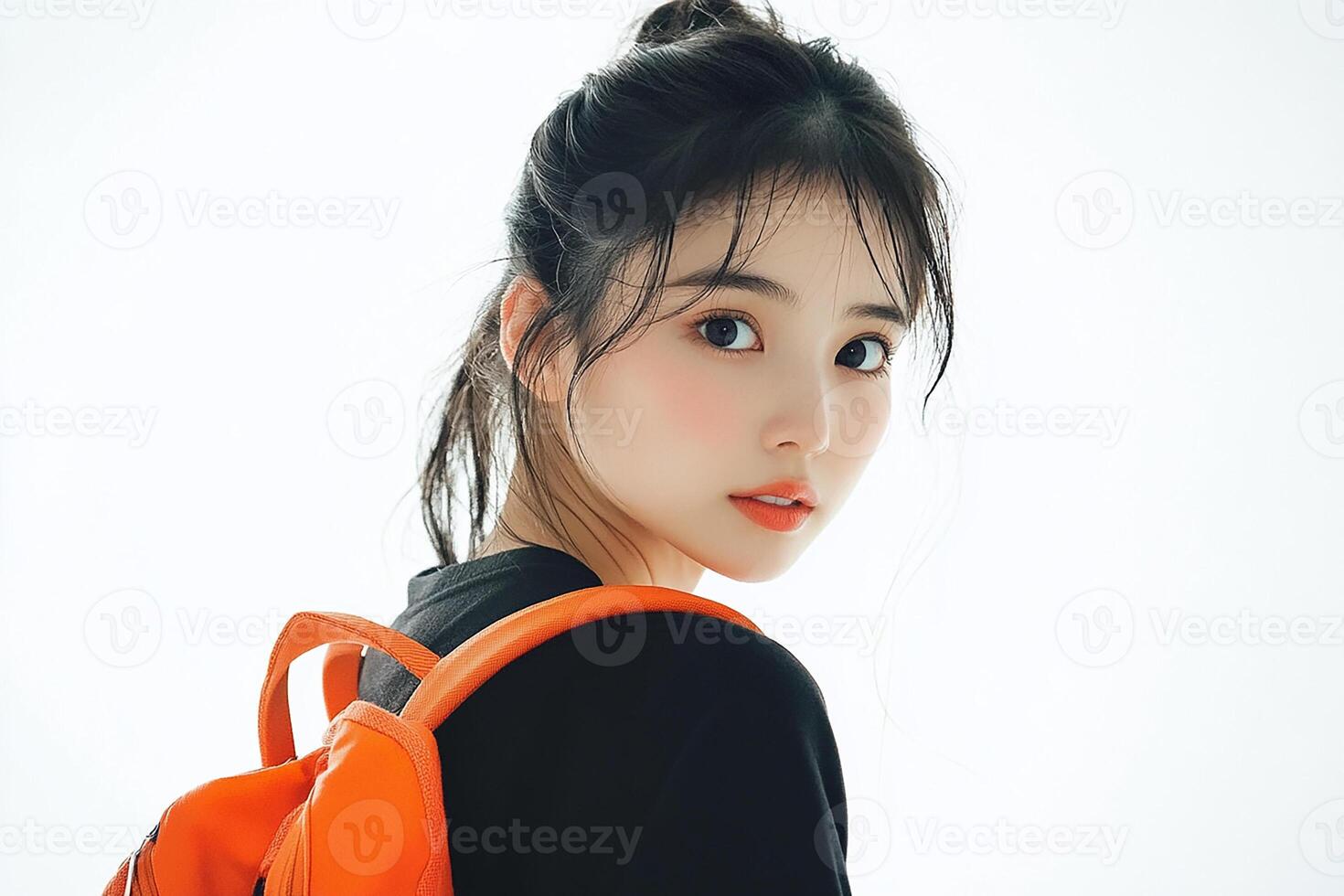 A woman with an orange backpack and black shirt photo