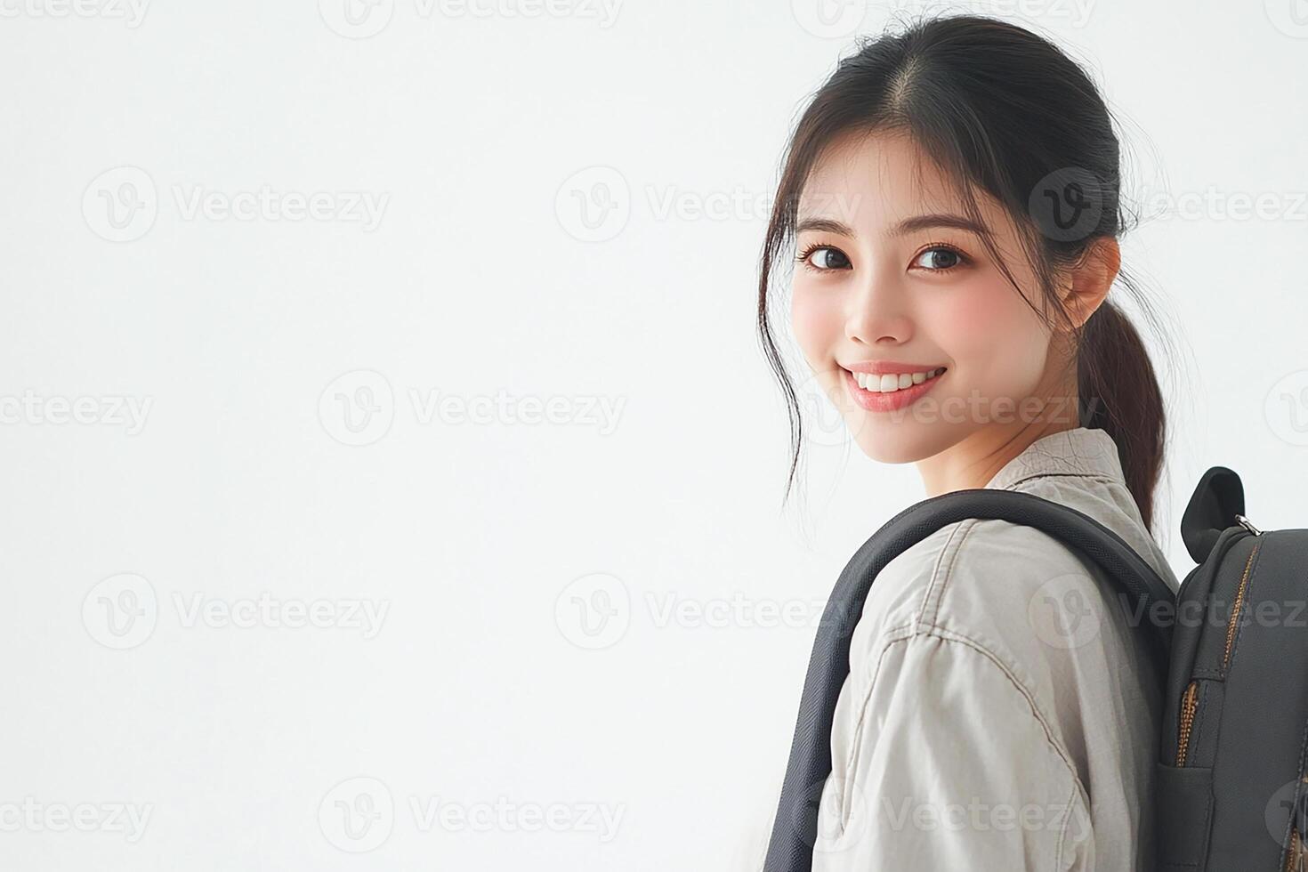 Asian woman with backpack smiling photo