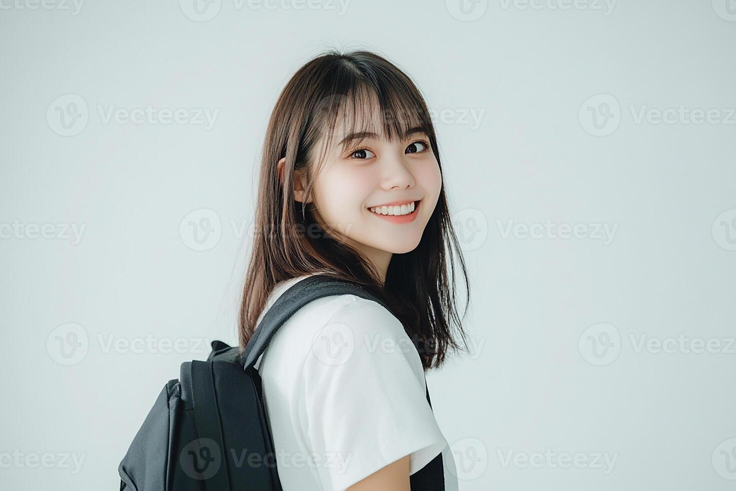 Asian woman with backpack smiling photo