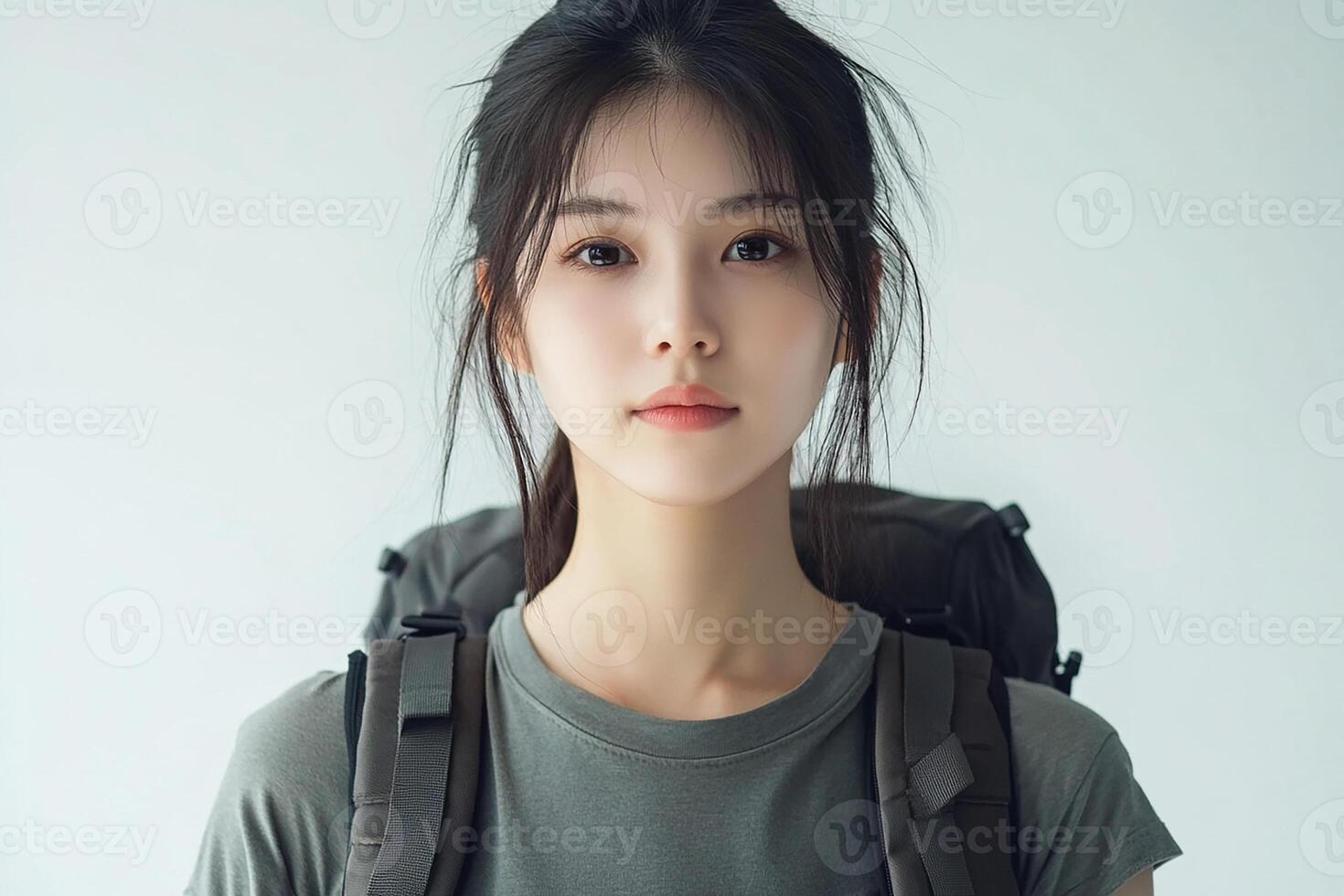 A young woman with a backpack and a smile photo