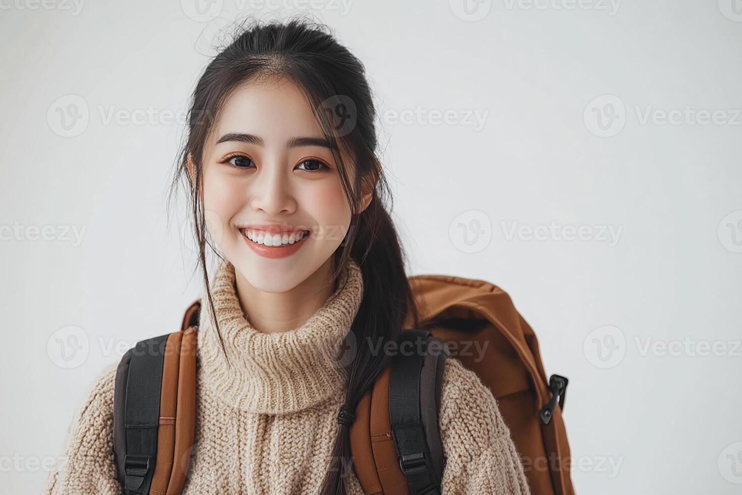 Asian woman with backpack smiling photo